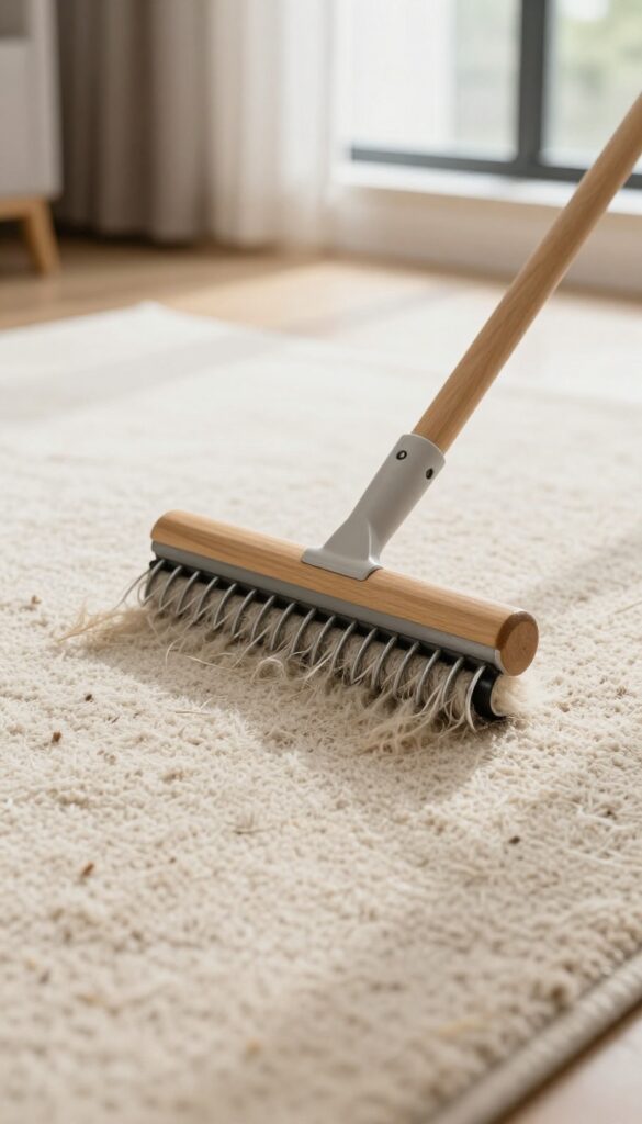 Carpet rake lifting matted carpet fibers in a sunlit hallway