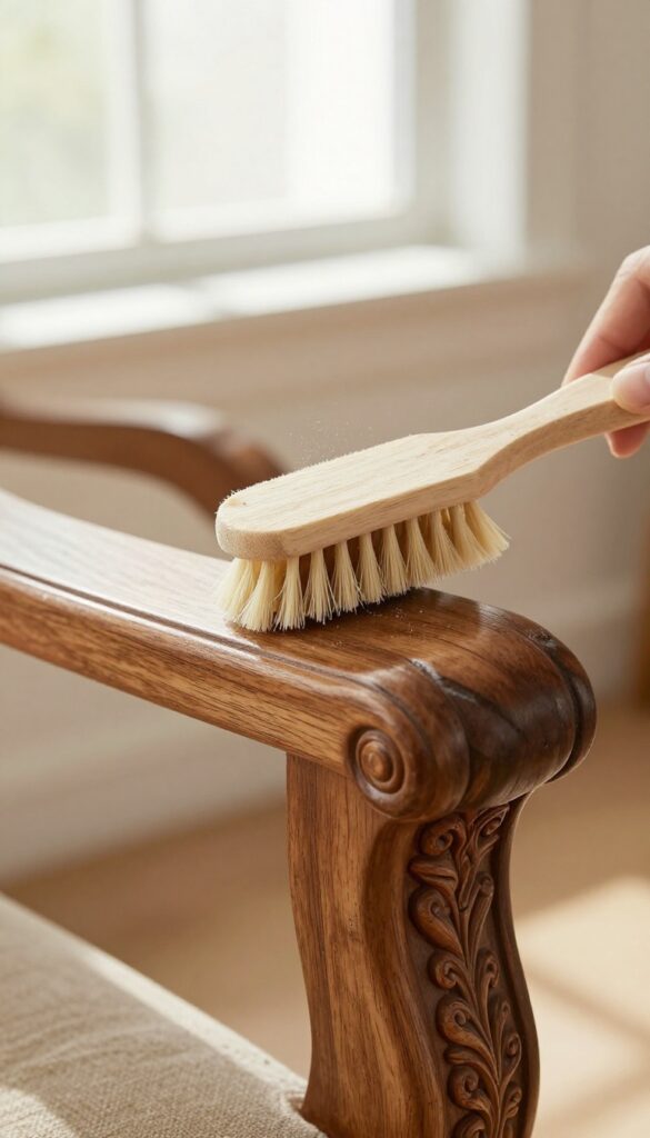 Cleaning carved wood details with a soft toothbrush