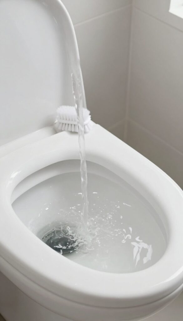 Clean toilet bowl with water and brush, bright bathroom setting