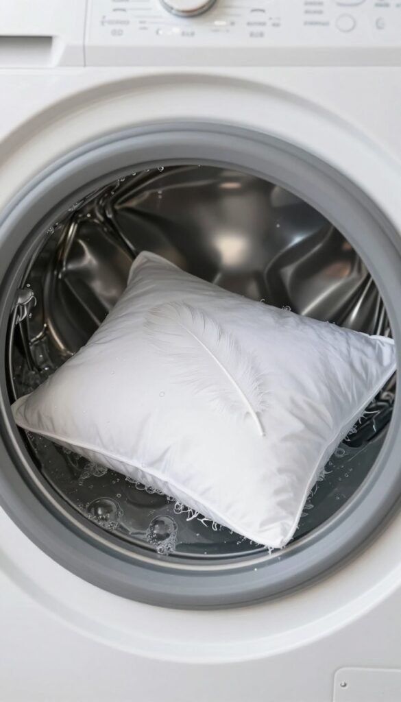 Feather pillow in washing machine with extra rinse cycle