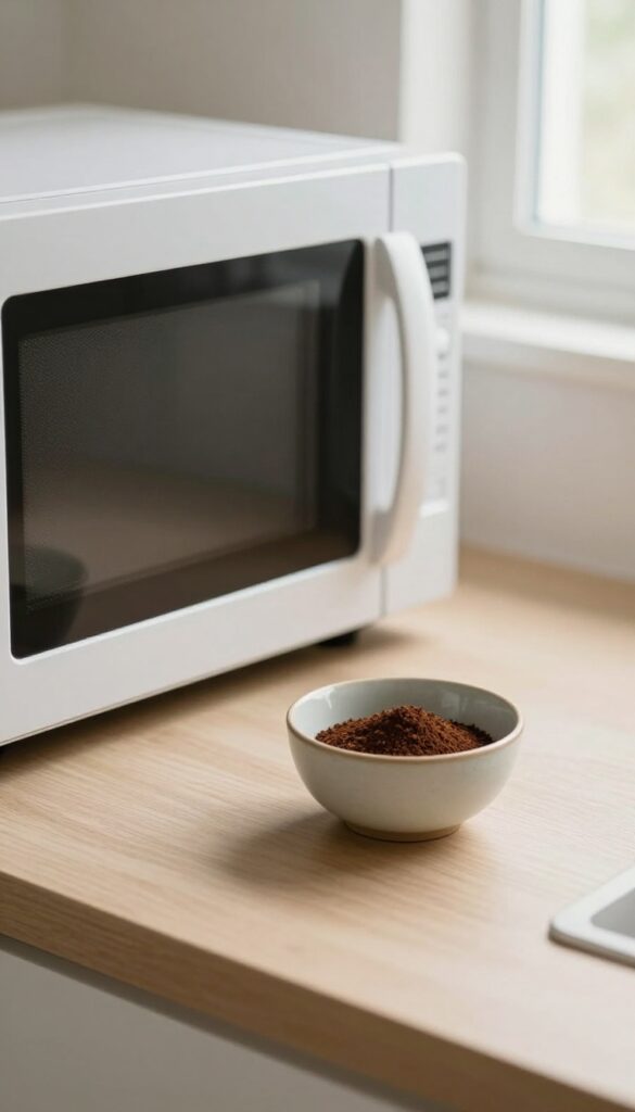 Bowl of used coffee grounds inside a clean microwave for odor absorption
