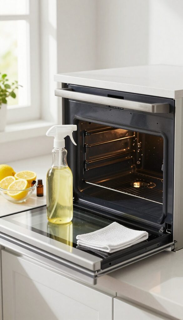 Oven door with grease and fingerprints, spray bottle, lemon slices, and essential oil on counter