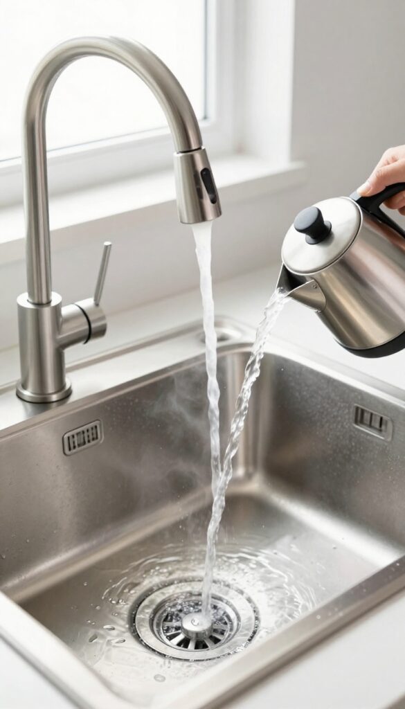 Pouring boiling water from a kettle into a kitchen sink drain to clean it.