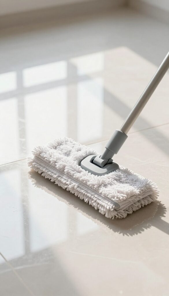 A person polishing a shiny ceramic tile floor with a dry microfiber mop in bright natural light.