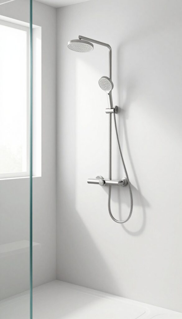 Handheld showerhead on slide bar in small bathroom shower