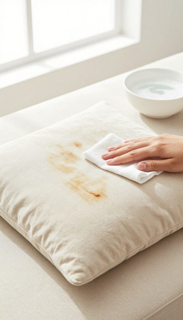 Treating a grease stain on a beige couch cushion with dish soap and warm water using a white cloth.