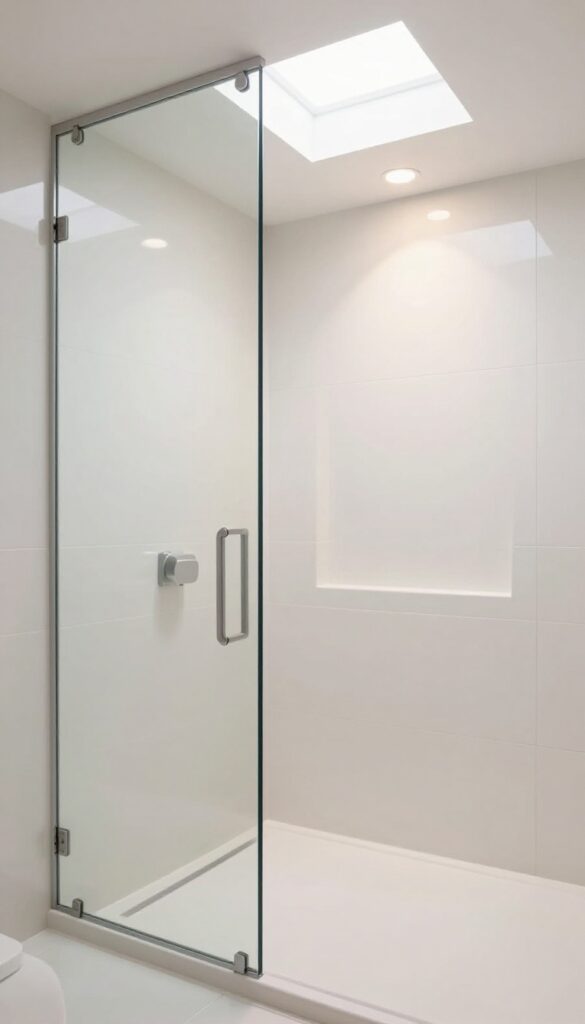 Small bathroom with mirror opposite shower and skylight, bright natural light, LED lighting