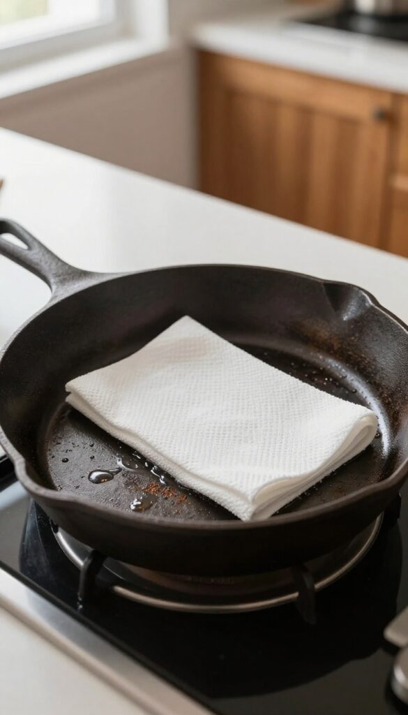Cast iron skillet with a folded paper towel inside to absorb moisture, placed on a kitchen countertop in natural light.