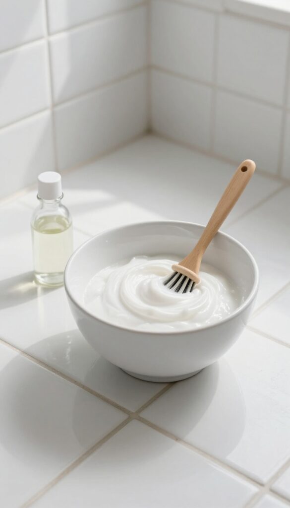 Baking soda and vinegar paste on bathroom grout with cleaning brush