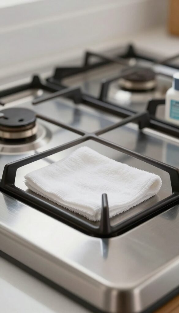 Stainless steel stovetop being polished with baby oil for a mirror-like shine
