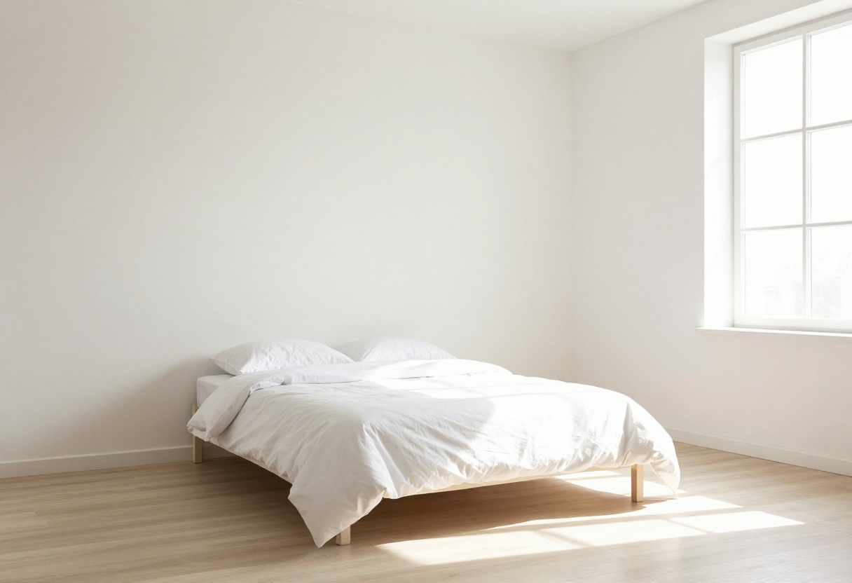 Clean and organized bedroom with a made bed and tidy surfaces