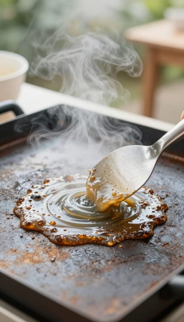 Hot Blackstone griddle being scraped with metal scraper, grease flowing toward grease cup