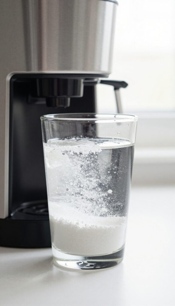 Close-up of a glass coffee carafe with descaling powder and water, bright kitchen light, clean countertop.