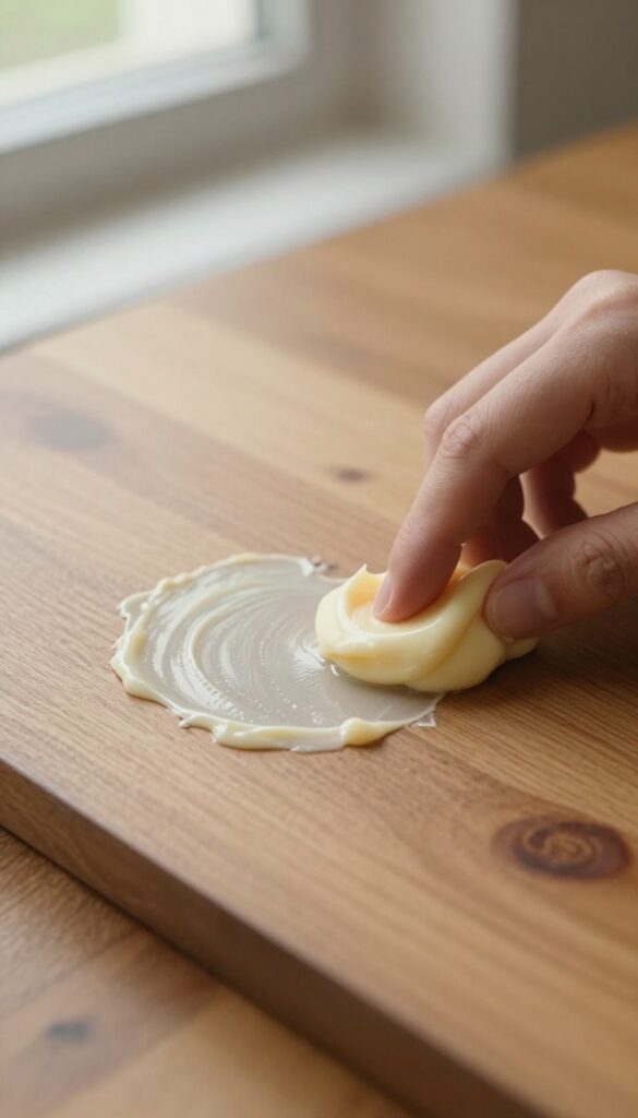 Applying mayonnaise to remove sticky residue from an old wood table