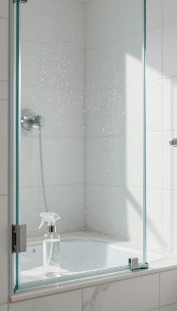 Daily shower spray bottle on a marble shelf inside a clean, bright shower with clear glass door and water droplets