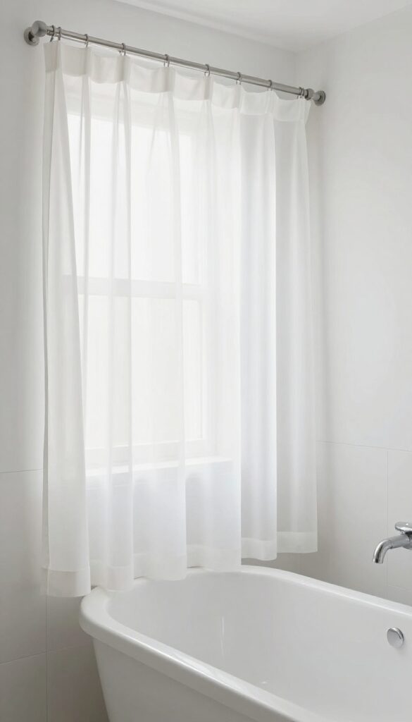 Curved tension rod with water-repellent curtain in a shower-over-bath setup, creating extra elbow room.