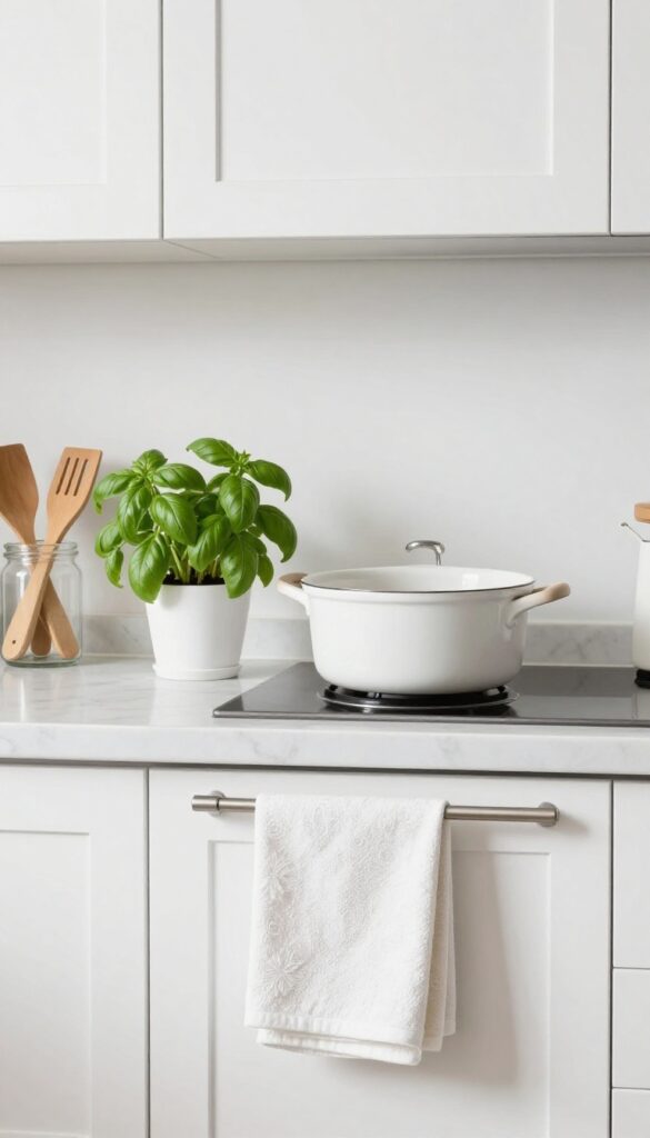Clean kitchen countertop with fresh towel, small plant, and organized utensils in a jar.