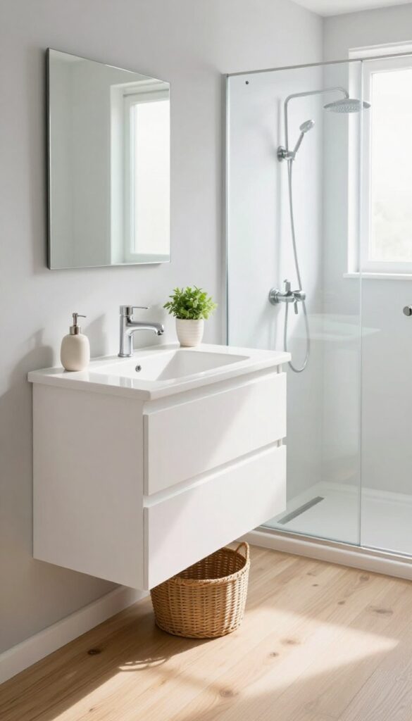 Floating vanity in a small shower-only bathroom with open space underneath for storage and easy cleaning