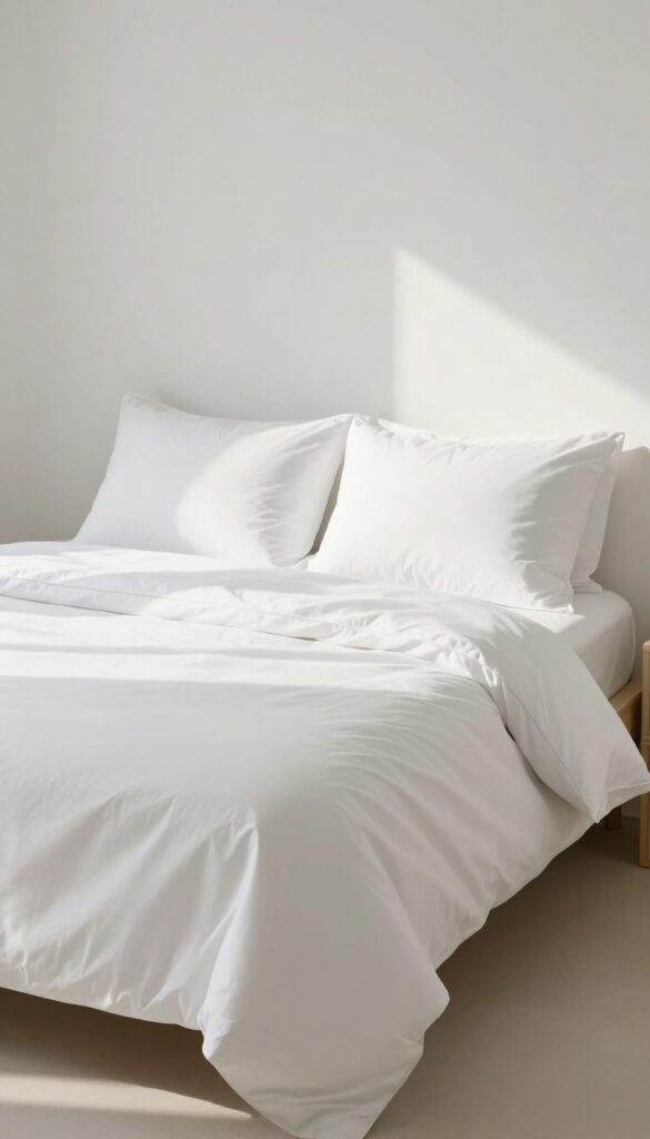 A neatly made bed in a bright, clean bedroom with pillows and a folded throw, showcasing a quick room cleaning shortcut.