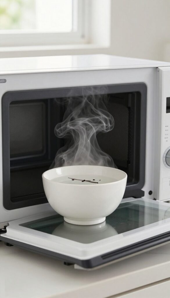 Microwave with bowl of water and vanilla extract steaming inside