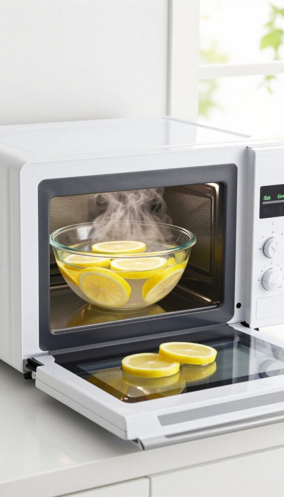 Microwave interior with a bowl of lemon slices and water, steam rising, clean and shiny surfaces, bright natural light.