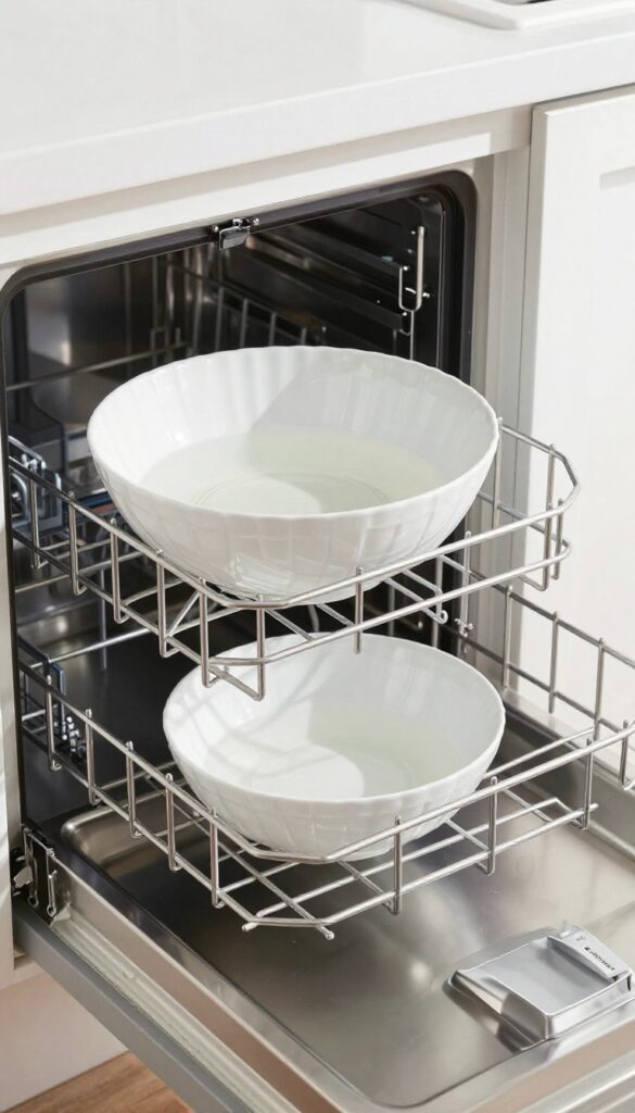 Open dishwasher with a bowl of white vinegar on the top rack for cleaning