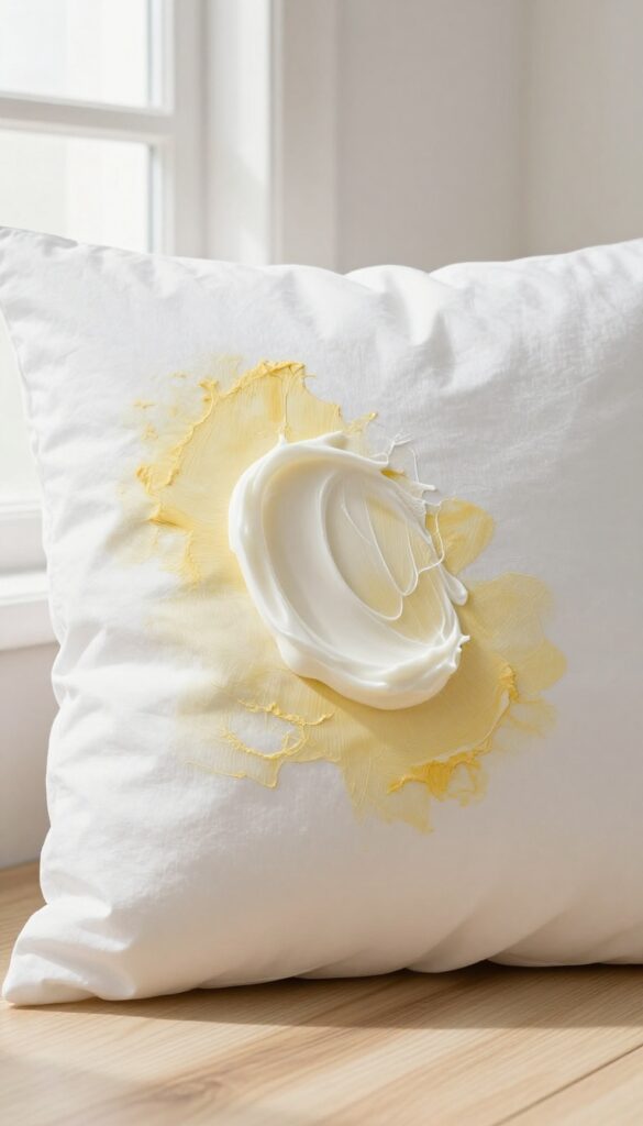 White pillow with yellow stain and white aspirin paste applied directly on the stain, on a wooden surface, bright natural light.