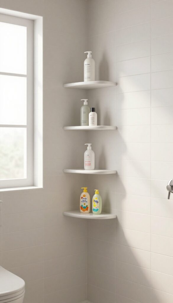 Multi-tier shower niche with shelves for family bathroom organization