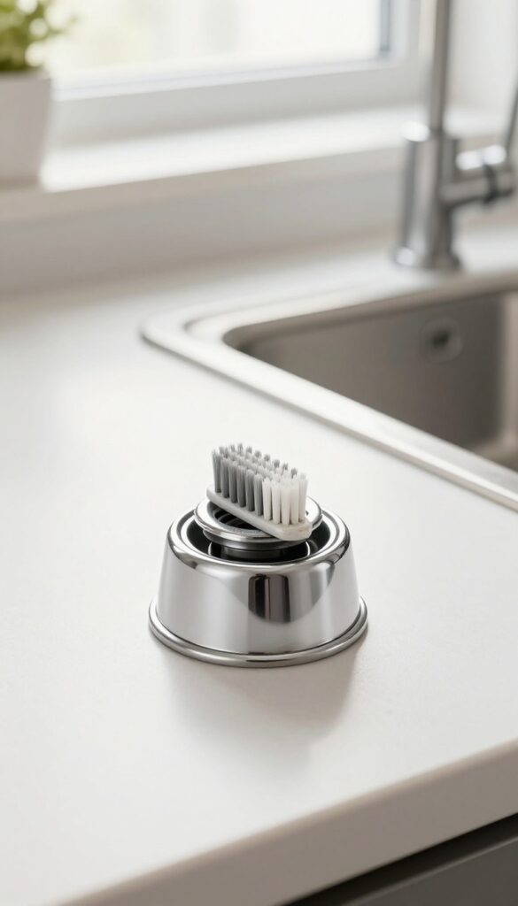 Cleaning the air gap on a kitchen countertop with a brush