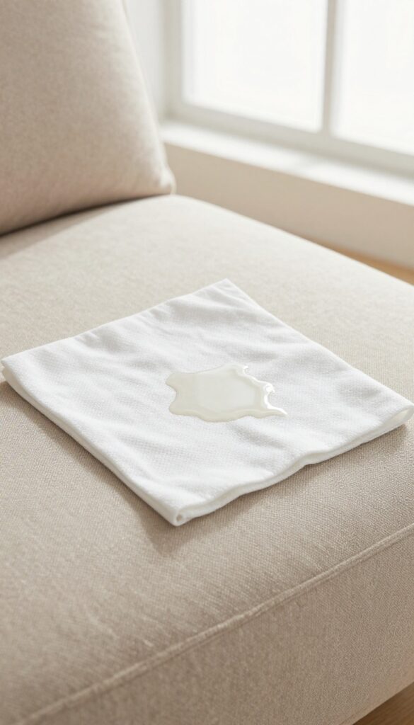 Blotting a fresh spill on a beige couch with a white cloth to prevent stains.