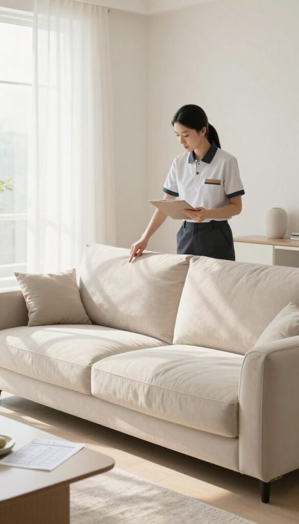 Sofa cleaning professional inspecting sofa with clipboard and price breakdown document in bright living room