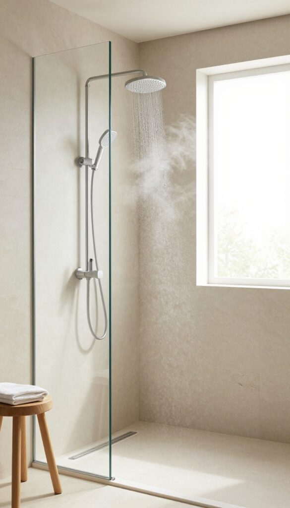 Modern bathroom shower with aromatherapy dispenser releasing scented steam