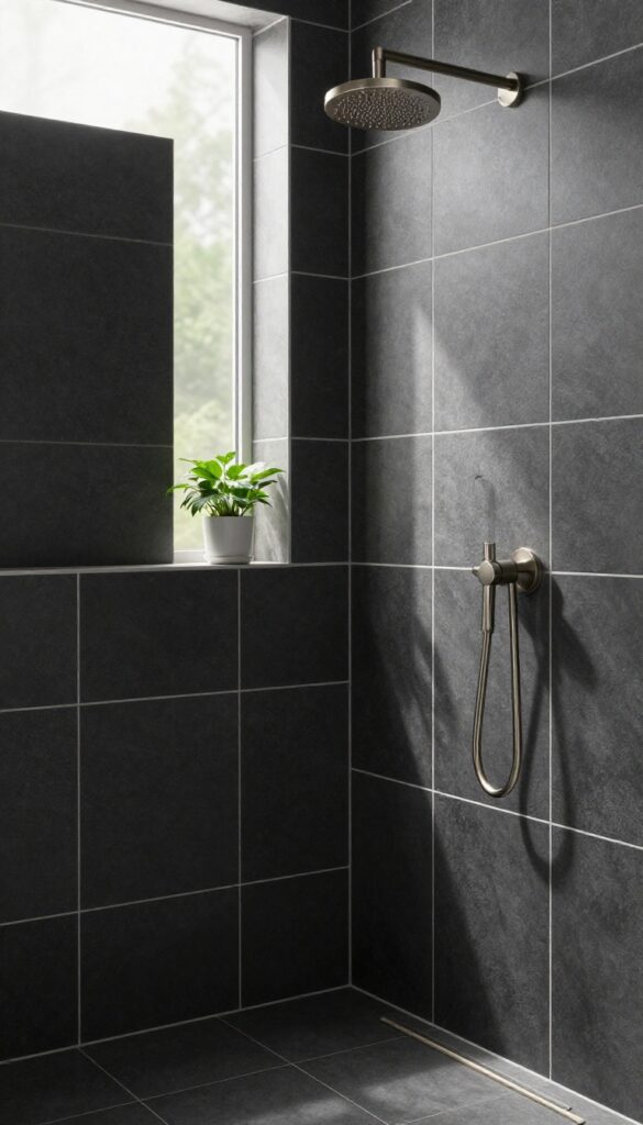 Modern bathroom shower with matte black tiles and light grout, brushed nickel fixtures, and natural light.