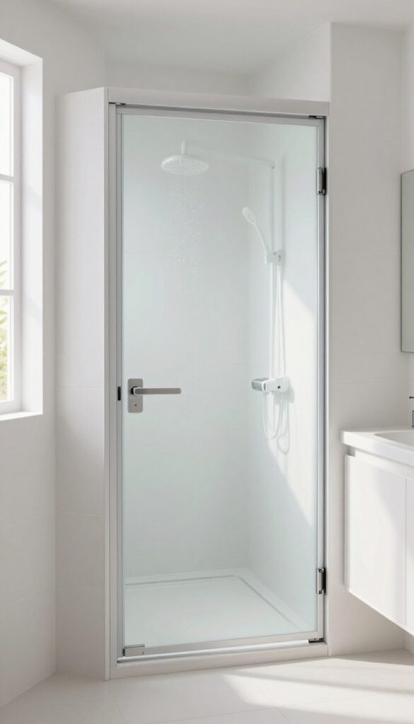 Tiny bathroom with frosted glass pocket door for shower entry, bright natural light, clean design