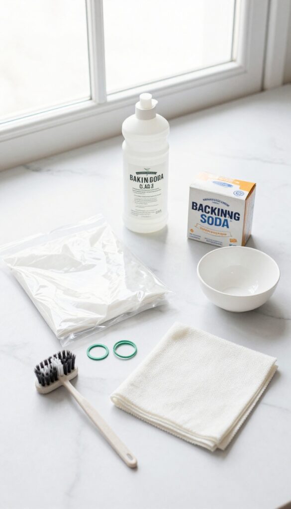 Cleaning supplies arranged on a white countertop for shower head cleaning