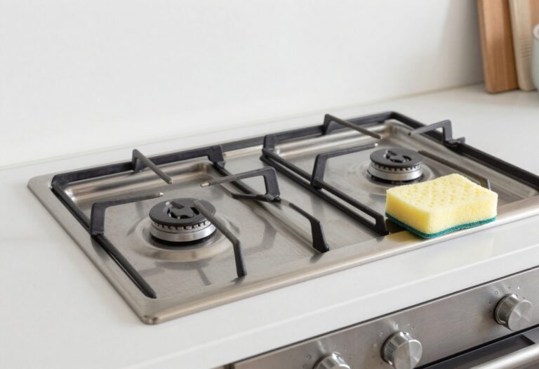 Clean stove burners with a sponge and cleaning spray on a modern kitchen counter.