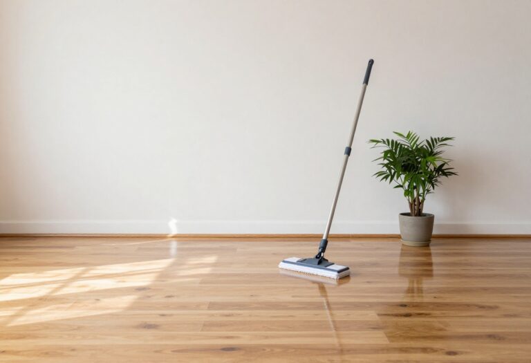 Clean hardwood floor in a sunny living room with a microfiber mop nearby