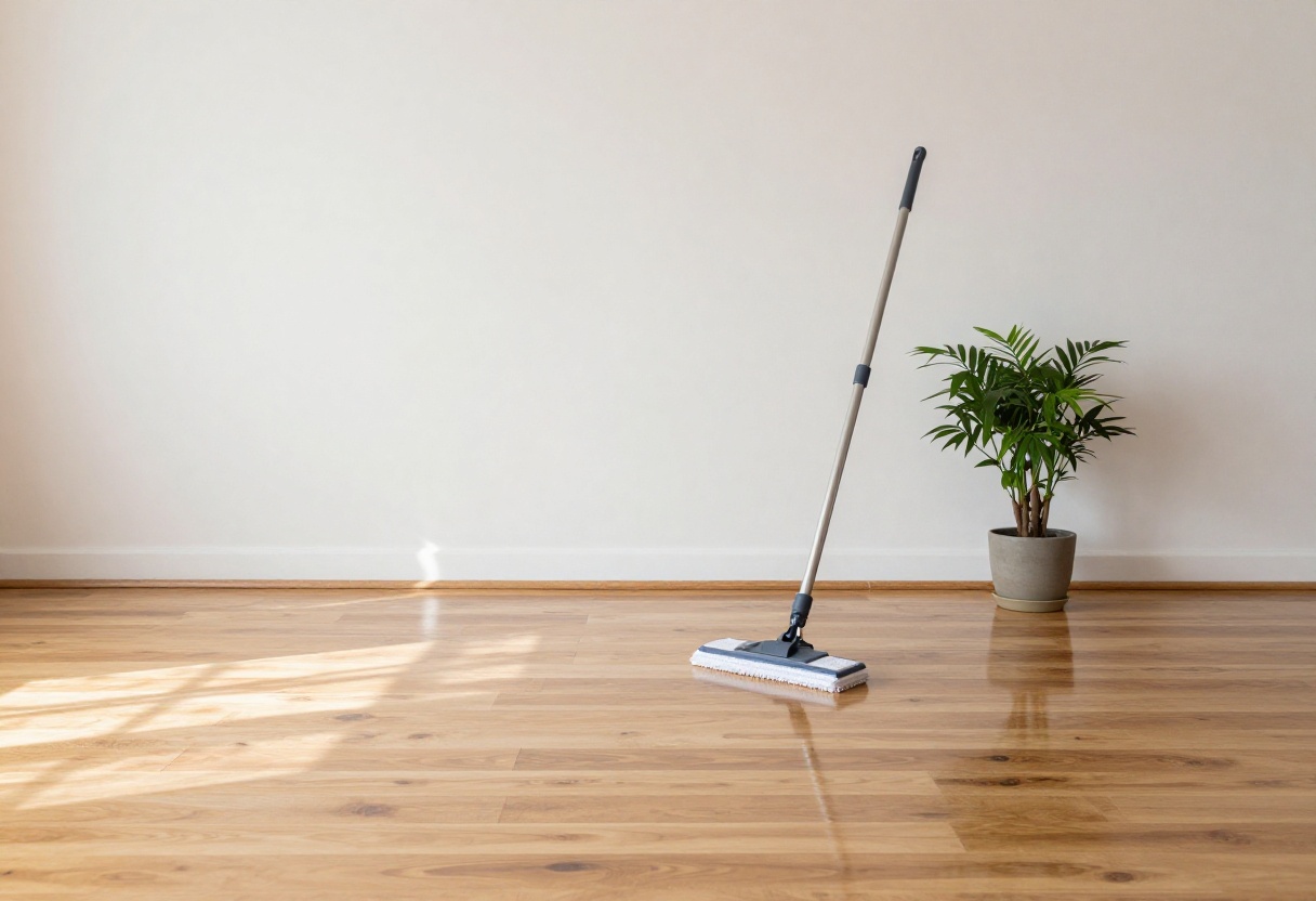 Clean hardwood floor in a sunny living room with a microfiber mop nearby