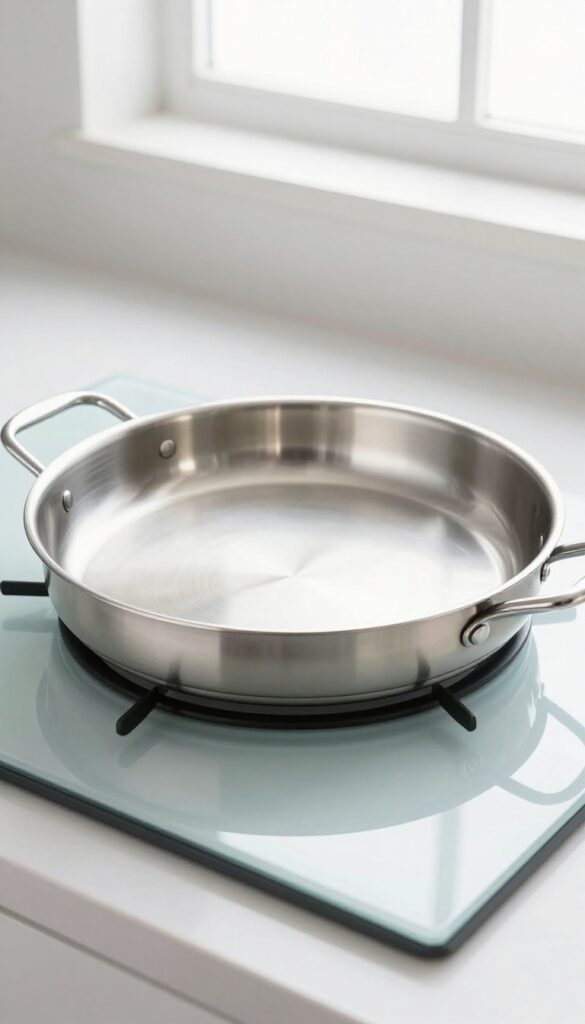 Flat-bottomed pan lifted off a clean glass stovetop to prevent scratches