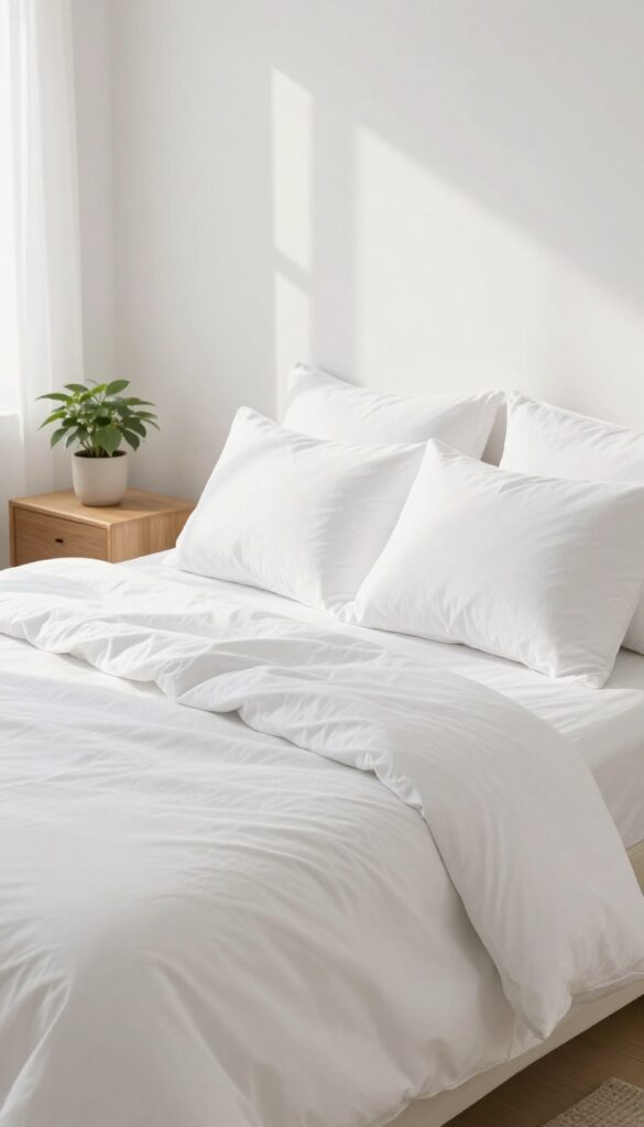 A neatly made bed in a bright, clean bedroom with natural light and a tidy appearance.
