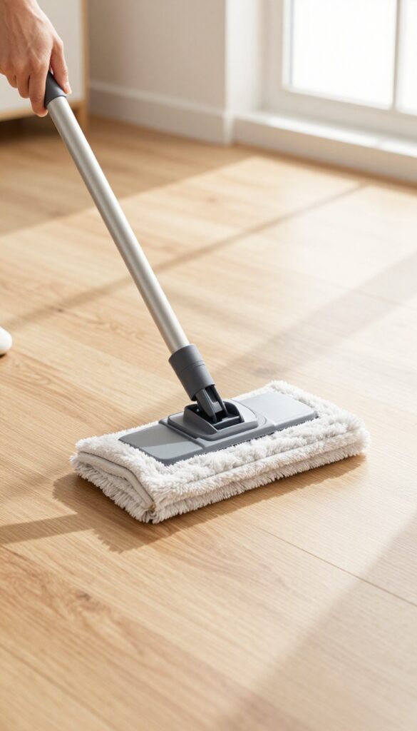 Person dust mopping laminate wood floor with microfiber mop in bright natural light