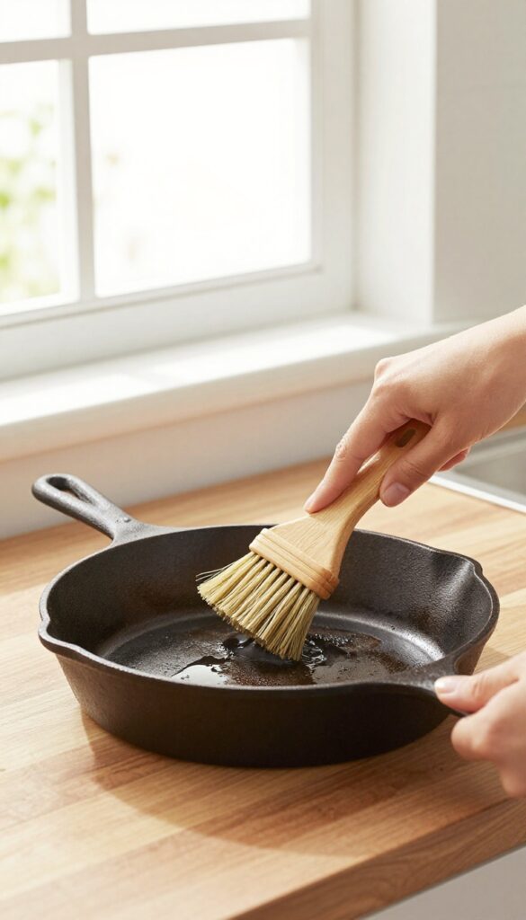 Hand scrubbing a cast iron skillet with a stiff brush under running water, no soaking.