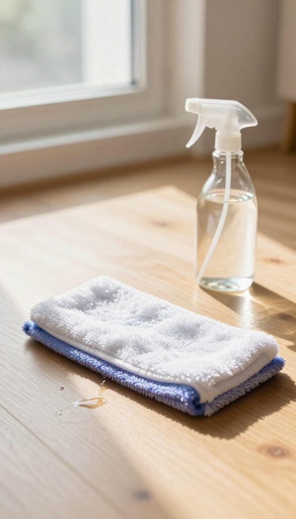 Cleaning wood floors with essential oil and microfiber mop, natural light, fresh scent