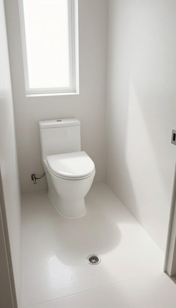 Tiny wet room bathroom with open shower, wall-hung toilet, and sloping floor to central drain, bright natural light