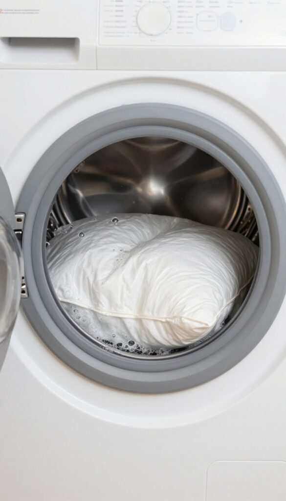 Fluffy white pillow being washed on gentle cycle with warm water in a washing machine