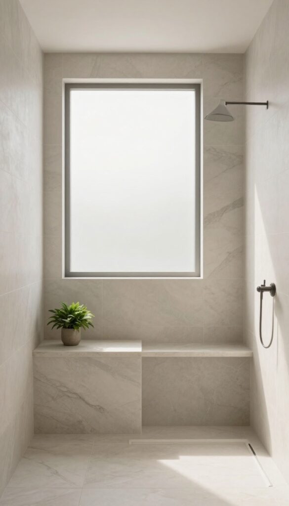 Bright shower with built-in stone bench and recessed tile niche, spa-like bathroom design