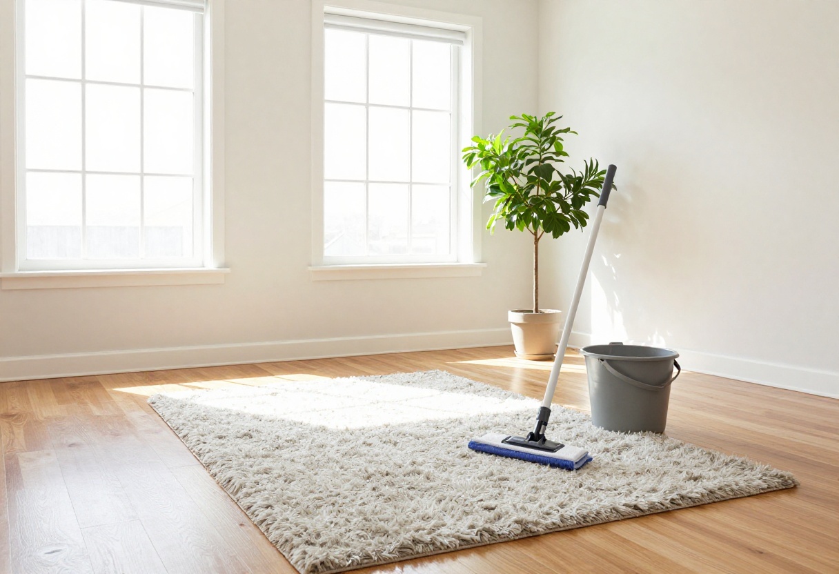 Bright living room with clean hardwood floors, area rug, and cleaning supplies in the corner