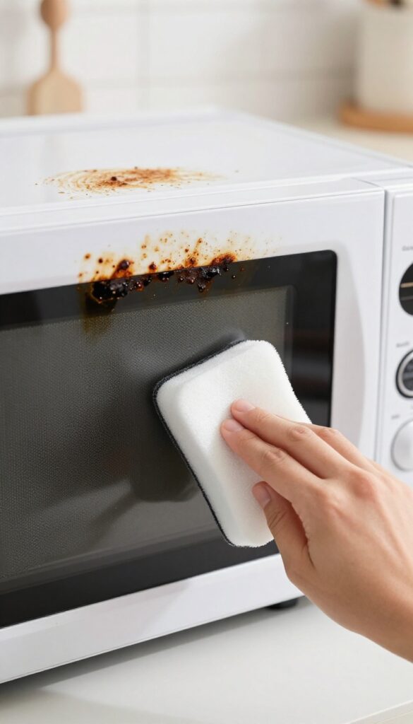 Hand using a damp Magic Eraser to clean stubborn baked-on stains inside a microwave