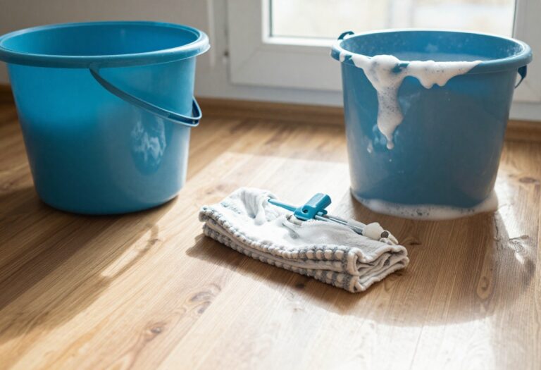 Clean wooden floor with a bucket and mop in a sunlit room