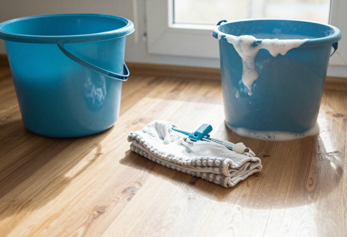 Clean wooden floor with a bucket and mop in a sunlit room